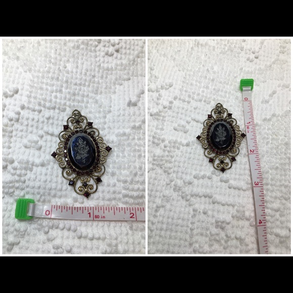 Antique Engraved Rose & Rhinestone Brooch - Picture 3 of 7